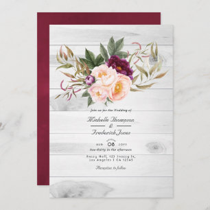 Burgundy - Marsala and Peach Rustic Floral Wedding Invitation