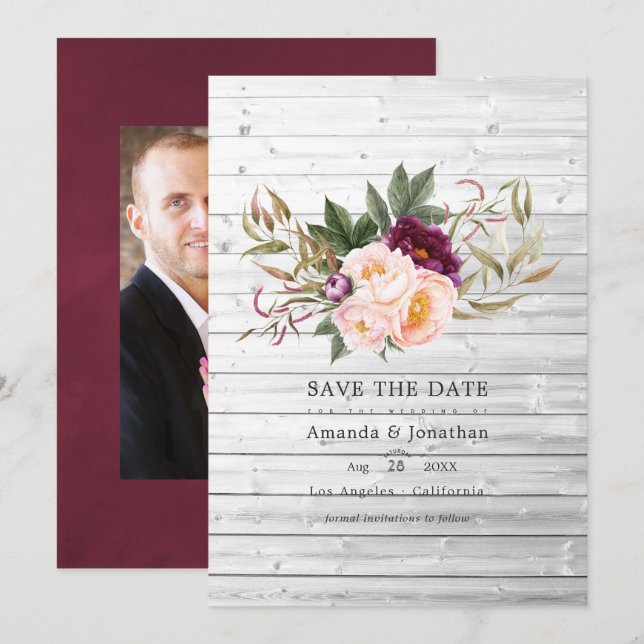 Burgundy - Marsala and Peach Rustic Floral Wedding Save The Date (Front/Back)