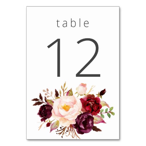 Burgundy Marsala and Pink Floral 3_ White Table Number