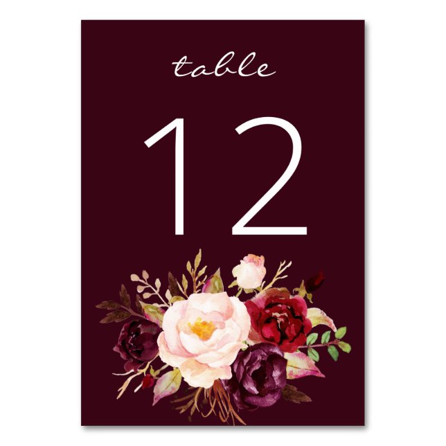 Burgundy Marsala and Pink Floral Table Number (Back)