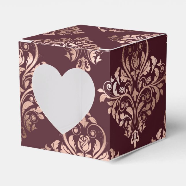 Burgundy - Marsala and Rose Gold Damask Wedding Favor Boxes (Front Side)