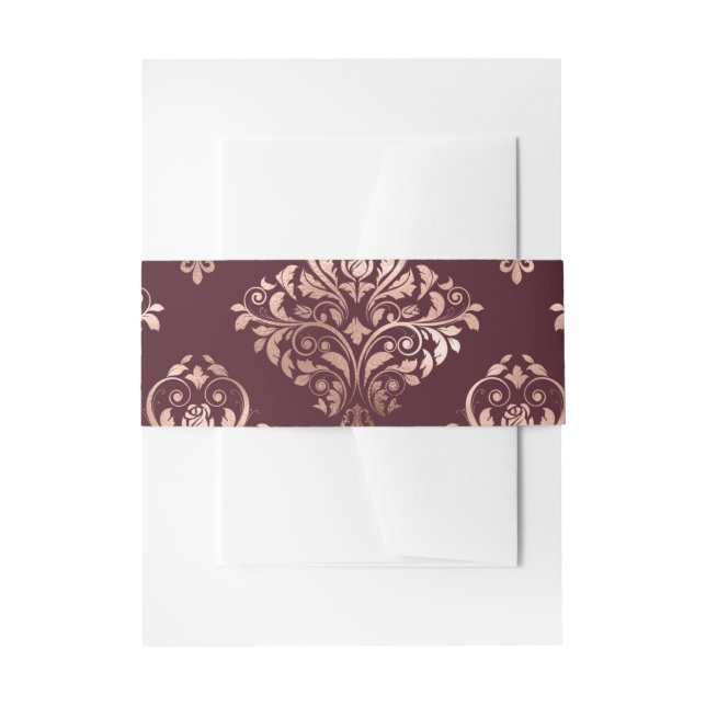 Burgundy - Marsala and Rose Gold Damask Wedding Invitation Belly Band (Front Example)
