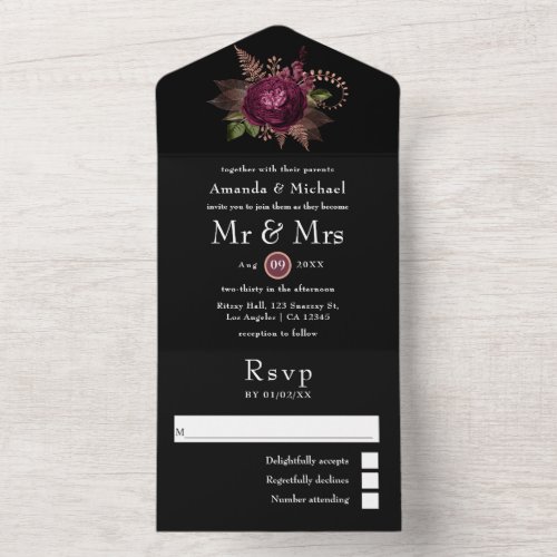 Burgundy _ Marsala and Rose Gold Floral Wedding Al All In One Invitation