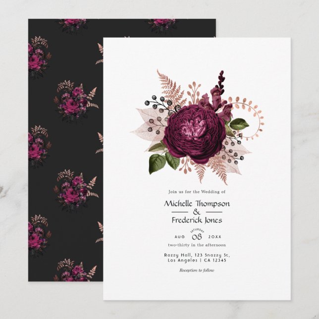 Burgundy - Marsala and Rose Gold Floral Wedding Invitation (Front/Back)