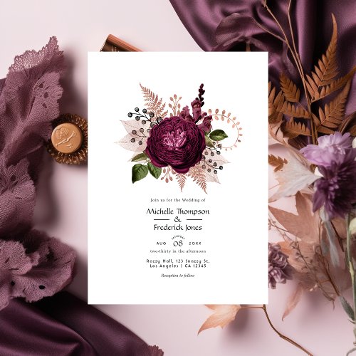 Burgundy _ Marsala and Rose Gold Floral Wedding Invitation