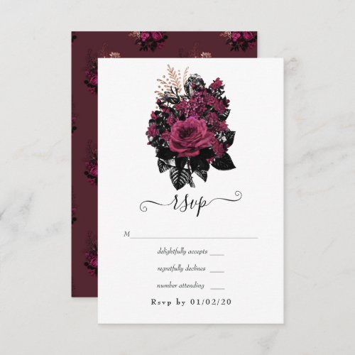 Burgundy _ Marsala and Rose Gold Floral Wedding RSVP Card