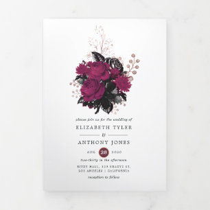 Burgundy - Marsala and Rose Gold Floral Wedding Tri-Fold Invitation