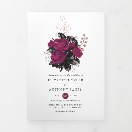 Burgundy _ Marsala and Rose Gold Floral Wedding Tri_Fold Invitation