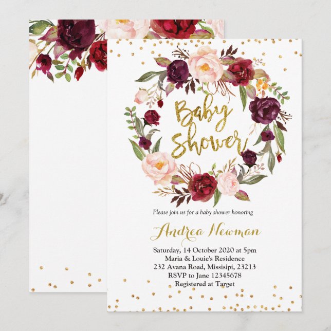 burgundy marsala baby shower invitation (Front/Back)