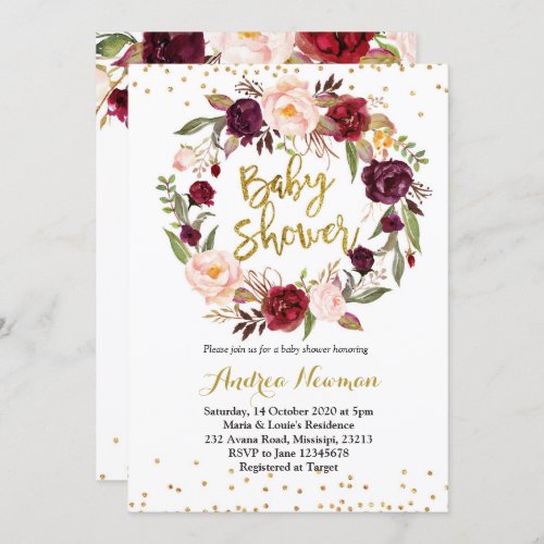 burgundy marsala baby shower invitation