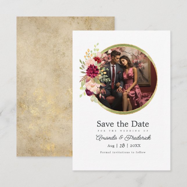 Burgundy-Marsala, Blush and Gold Floral Geometric Save The Date (Front/Back)