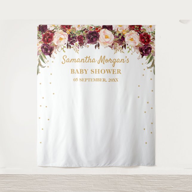 Burgundy marsala blush floral baby shower backdrop (Front)