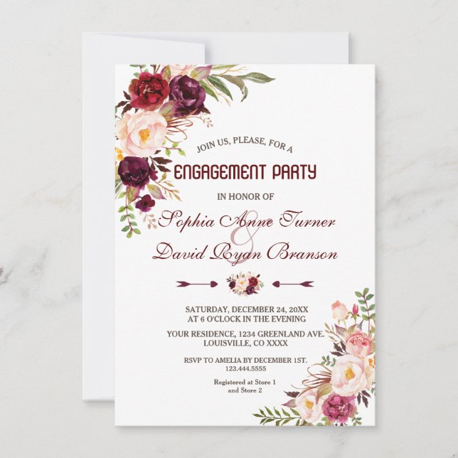 Burgundy Marsala Blush Floral Engagement Party Invitation (Front)