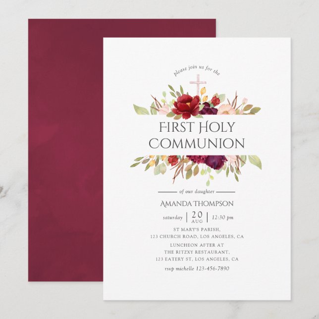 Burgundy - Marsala & Blush Floral First Communion Invitation (Front/Back)