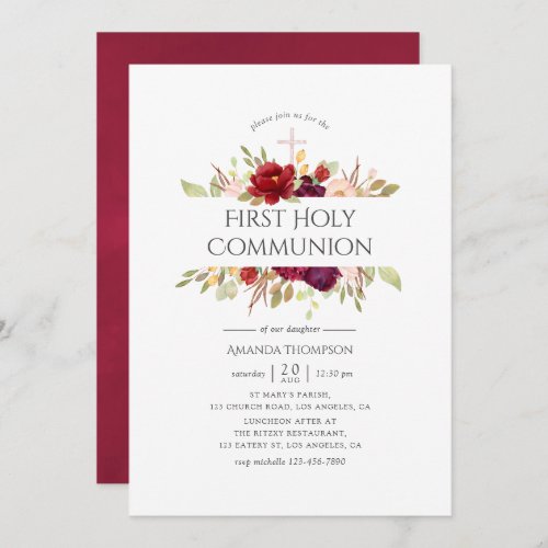 Burgundy _ Marsala  Blush Floral First Communion Invitation