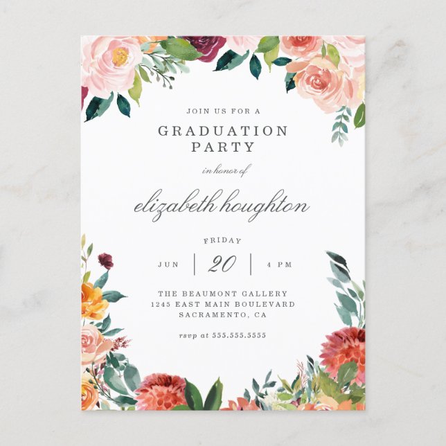 Burgundy Marsala Blush Floral Graduation Party Invitation Postcard (Front)