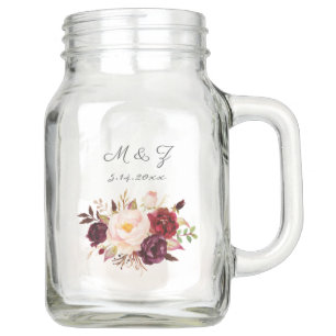Burgundy Marsala & Blush Floral Monogram Advice Mason Jar