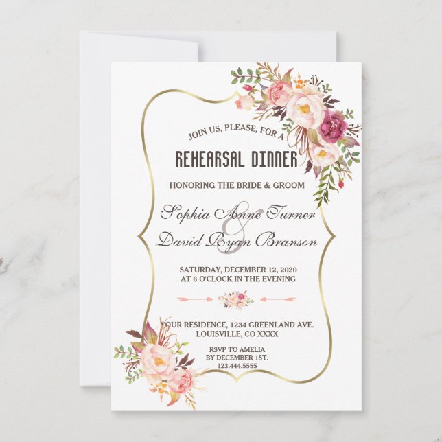 Burgundy Marsala Blush Floral Rehearsal Dinner Invitation (Front)
