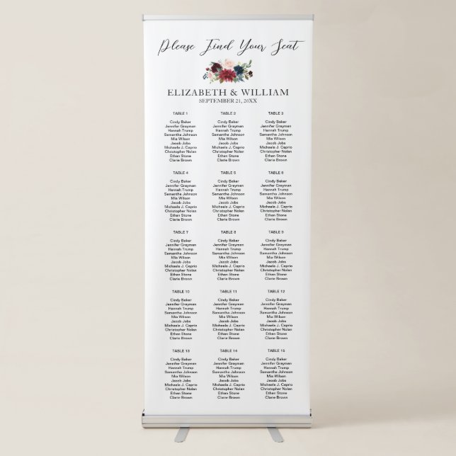 Burgundy Marsala Blush Floral Script Seating Chart Retractable Banner (Front)