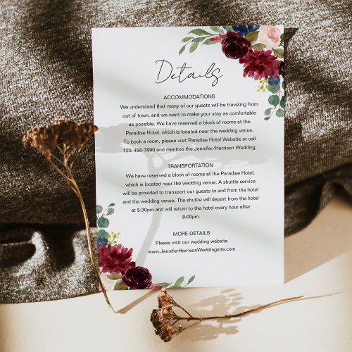 Burgundy Marsala  Blush Floral Wedding Details Enclosure Card