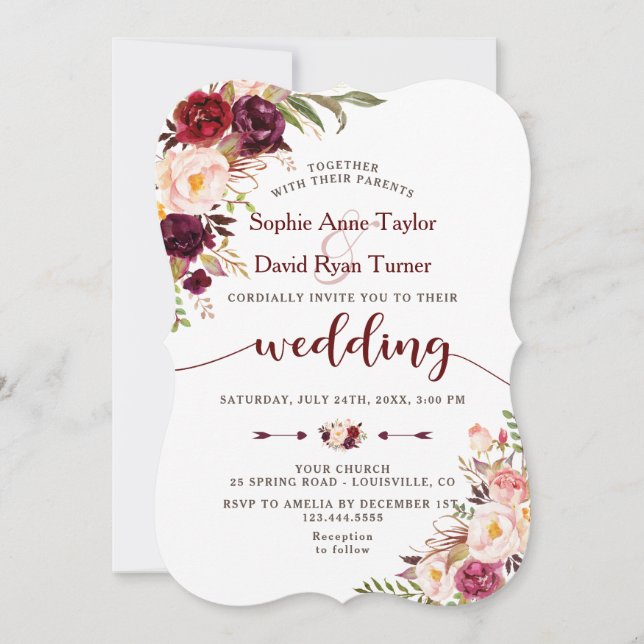 Burgundy Marsala Blush Floral Wedding Invite (Front)