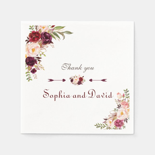Burgundy Marsala Blush Floral Wedding Napkins (Front)