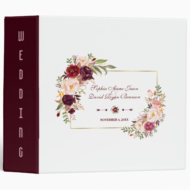 Burgundy Marsala Blush Floral Wedding Photo Album 3 Ring Binder (Front/Spine)