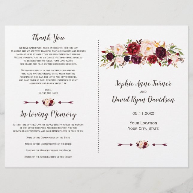 Burgundy Marsala Blush Floral Wedding Program (Front)
