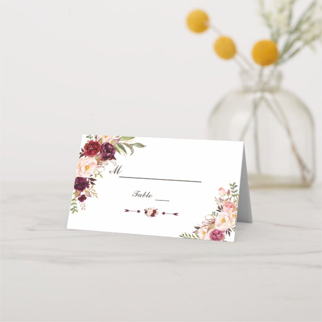 Burgundy Marsala Blush Floral Wedding Table Number Place Card (Front)