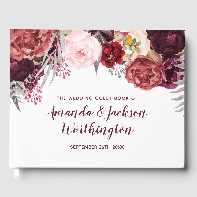 Burgundy Marsala Blush Peony Wedding Guest Book (Front)