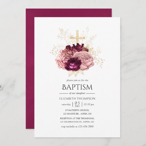 Burgundy Marsala Blush Pink and Gold Baptism Invitation