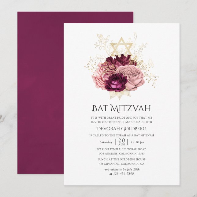 Burgundy Marsala Blush Pink and Gold Bat Mitzvah Invitation (Front/Back)