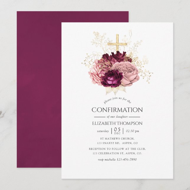 Burgundy Marsala Blush Pink and Gold Confirmation Invitation (Front/Back)