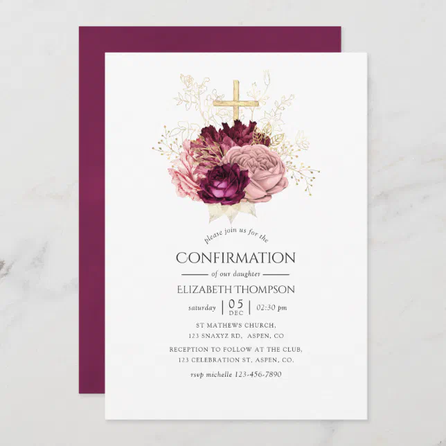 Burgundy Marsala Blush Pink and Gold Confirmation Invitation | Zazzle