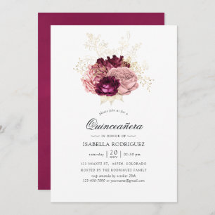 Burgundy - Marsala Blush Pink and Gold Quinceañera Invitation