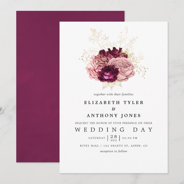 Burgundy - Marsala Blush Pink and Gold Wedding Invitation (Front/Back)