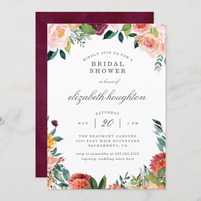 Burgundy Marsala Blush Pink Floral Bridal Shower Invitation (Front/Back)