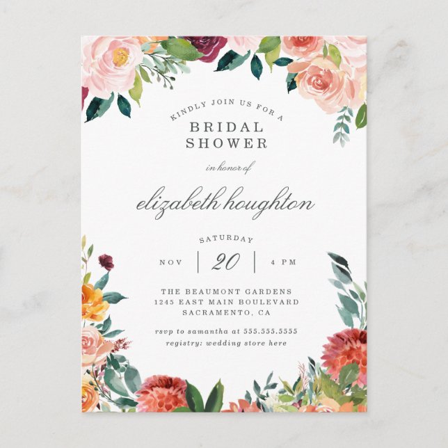 Burgundy Marsala Blush Pink Floral Bridal Shower Invitation Postcard (Front)