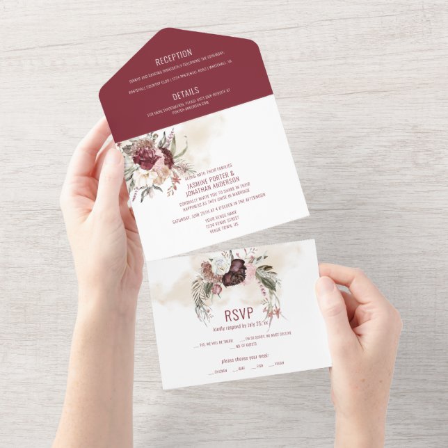 Burgundy, Marsala, Blush Pink Floral Wedding All In One Invitation (Tearaway)