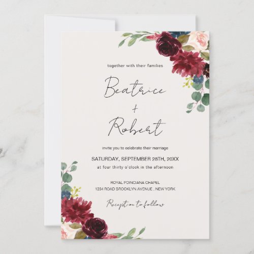 Burgundy Marsala  Blush Pink Floral Wedding Photo Invitation