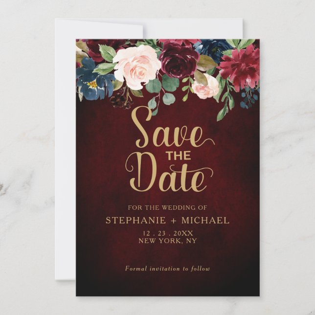Burgundy Marsala Blush Pink Rose Boho Wedding Save The Date (Front)
