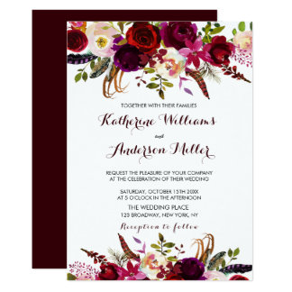 Burgundy Marsala Bohemian Floral Autumn Wedding Invitation