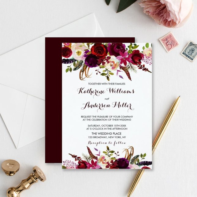 Burgundy Marsala Bohemian Floral Autumn Wedding Invitation (Creator Uploaded)