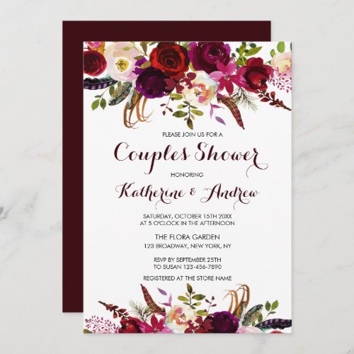 Burgundy Marsala Bohemian Floral Couples Shower Invitation