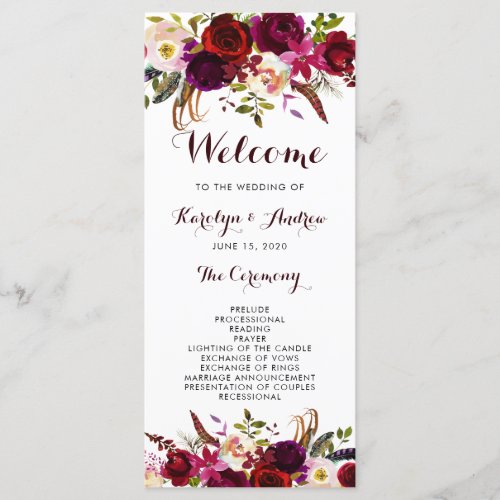 Burgundy Marsala Bohemian Floral Wedding Program