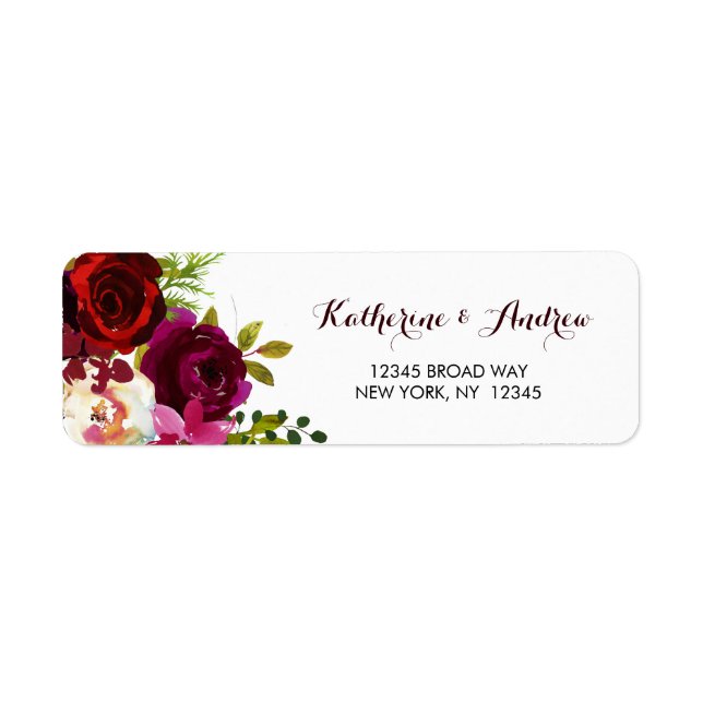 Burgundy Marsala Boho Watercolor Floral Address Label (Front)