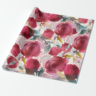 Burgundy Marsala Boho Watercolor Floral Pattern Wrapping Paper