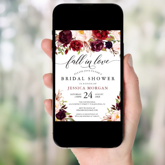 Burgundy Marsala Bridal Shower Invite Fall In Love (Front Digital)