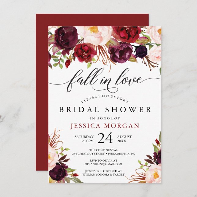 Burgundy Marsala Bridal Shower Invite Fall In Love (Front/Back)
