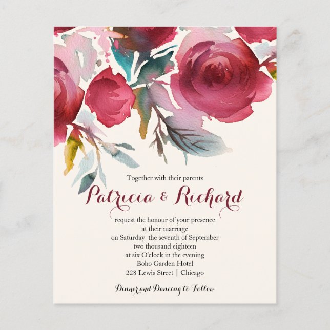 Burgundy Marsala Budget Floral Wedding Invitation (Front)
